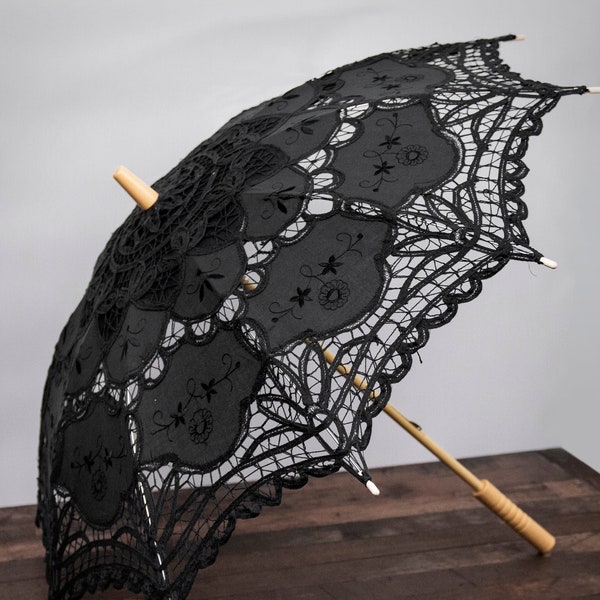 Parasol de deuil en dentelle noire de style victorien - Parapluie gothique fait à la main pour costume, cosplay ou parasol