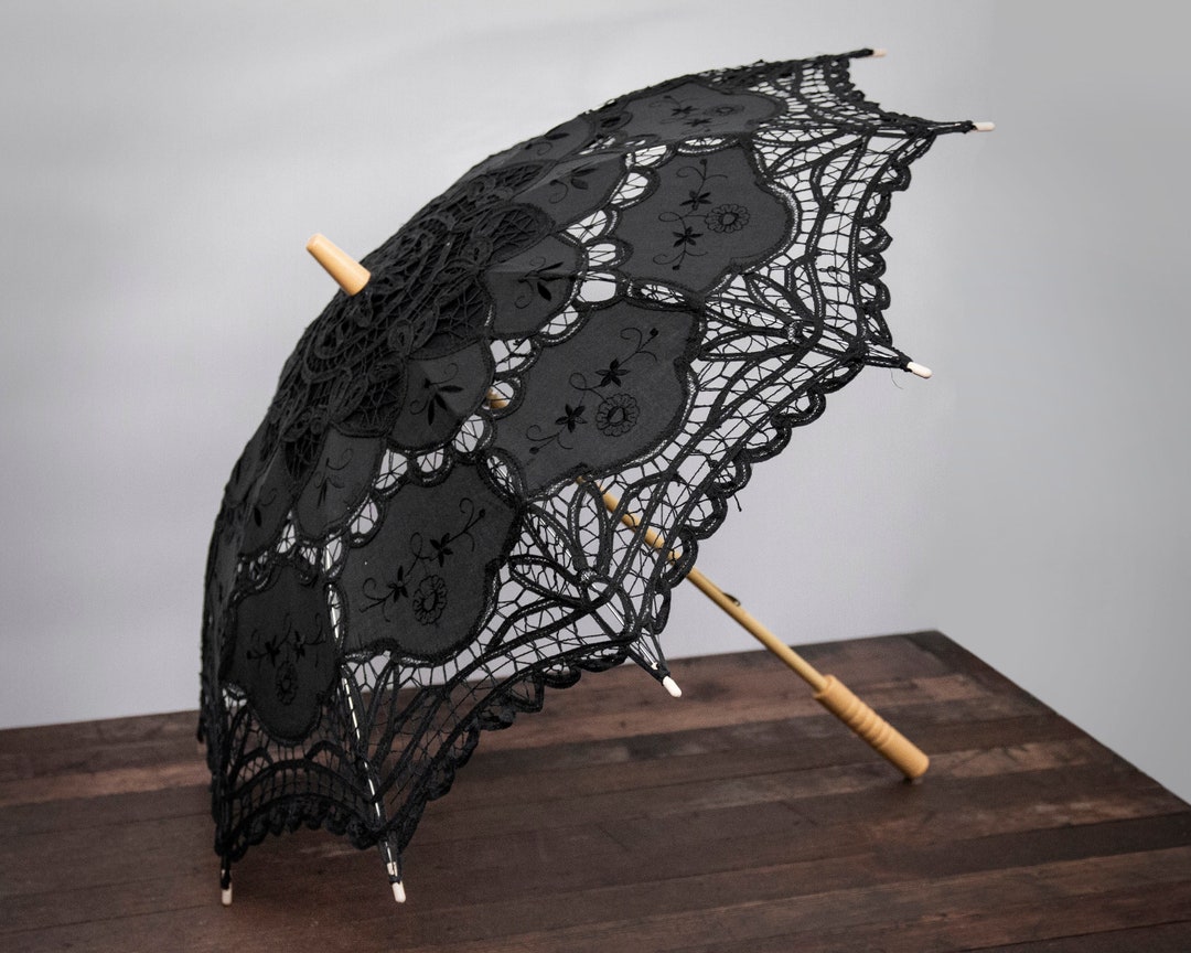 Victorian Style Black Lace Mourning Parasol Handmade Gothic Umbrella