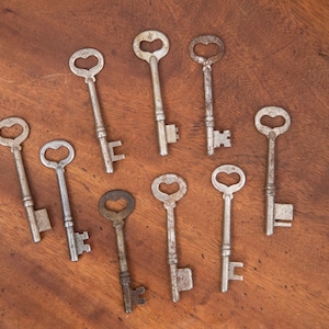 May include: Nine antique skeleton keys with heart-shaped keyholes are arranged on a wooden surface. The keys are made of metal and show signs of age, with a rustic, vintage aesthetic. The keys vary in size and design.