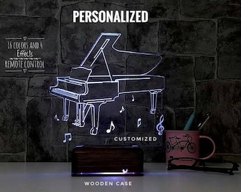 Personalized Piano 3D Lamp: Wooden Base, Color Changing LED