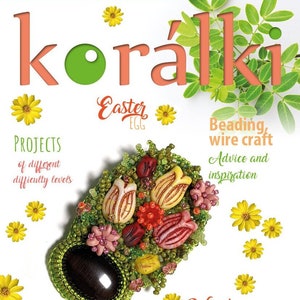 May include: A beaded brooch with a green base and a large dark brown stone in the center. The brooch is shaped like a flower with red, yellow, and pink beads. The text "Blooming meadow" is written in orange and white letters at the bottom of the image.