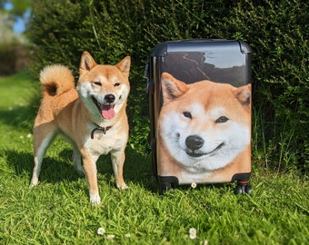 Shiba Inu Suitcase - travel with a smile - Vacation happy face - four wheels with large pet dog photo