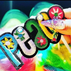 May include: Embroidered patch spelling out "POGO" in colorful thread. The letters are outlined in black and feature floral designs and metallic accents. The patch is held against a backdrop of colorful feathers.