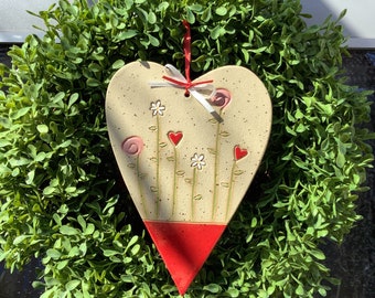 Heart with flowers, Mother's Day, hanging, ceramic, hand-made, garden, frost-proof, clay