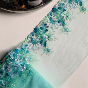 Green Blue Seafoam Flower Embroidered Lace Trim 7.5”/19.5cm Floral Scallop Edge Fabric for Bra Making Bramaking Knickers Lingerie Sewing