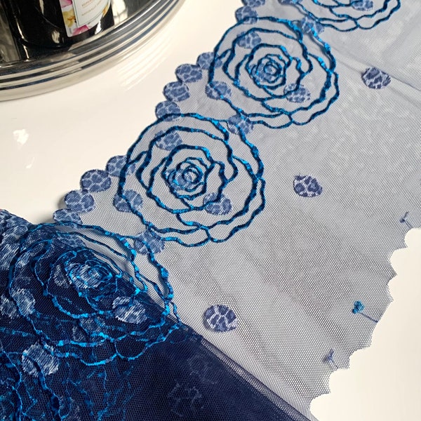Denim Blue Floral Rose Animal Printed Embroidered Lace Trim (7.5"/19cm) Scallop Edge Fabric for Bramaking Knickers Lingerie Sewing Craft