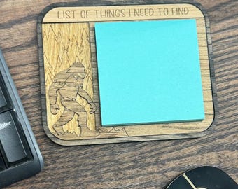 Bigfoot Sticky Note Holder, Engraved Sasquatch Wooden Desk Organizer (Includes Notes)