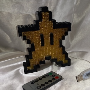 Retro 8-Bit Invincibility Star &quot;Faux Stained-Glass&quot; Night Light/ Desk Lamp - LED, Home Décor, Art | Made with Genuine LEGO Elements