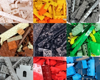 May include: A collection of colorful plastic building blocks in various shapes and sizes. The blocks are in shades of white, yellow, gray, brown, black, green, red, and blue. The image shows a variety of blocks, including bricks, plates, and specialty pieces.