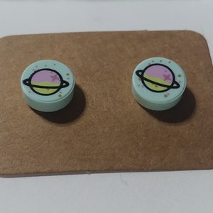 Cosmic Planet Circle Tile Stud Earrings | Handmade With Genuine LEGO Parts