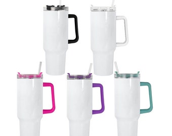 40oz White sublimation tumbler blank  with black, white, pink, purple or teal colored removable handle, screw on lid, straw