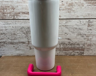40oz White sublimation tumbler blank with pink colored removable handle, screw on lid and straw