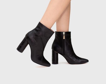 SAMPLE SALE - Janis Bootie, Black | Women's Ankle Boots | Women's Zipped Ankle Boots | Boots with Flower Appliqués | Size 39 eu / 8.5 us