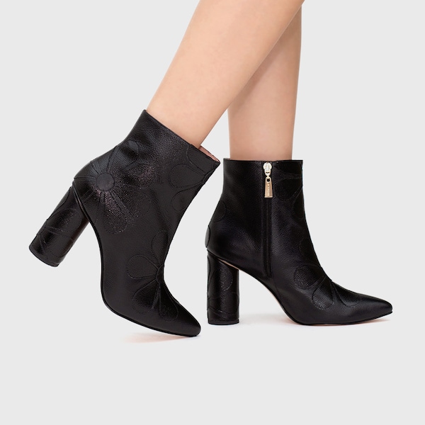 SAMPLE SALE - Janis Bootie, Black | Women's Ankle Boots | Women's Zipped Ankle Boots | Boots with Flower Appliqués | Size 39 eu / 8.5 us