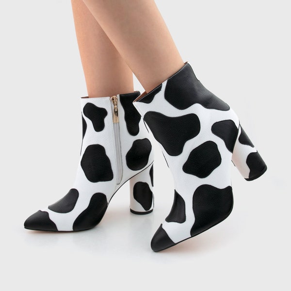 SAMPLE SALE - Vanessa Bootie, Cow Print Statement Booties | Women's Zipped Ankle Boots | Spotted Print Leather Booties | Size 36 eu / 5.5 us