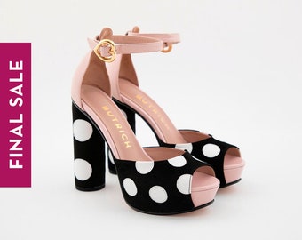 SAMPLE SALE - Peep Toe Platform Pumps, Dot Motif | Women's Shoes | Polka Dot Leather | Platform Sandals | Retro Style | Unique Gifts