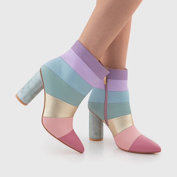 SAMPLE SALE - Sweet Sunshine Pastel Rainbow | Women's Zipped Ankle Boots | Multicolor Leather Booties | Size 39 eu / 8.5 us