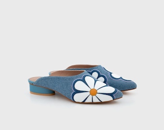 SAMPLE SALE - Tara Mule, Denim | Women's Shoes | Leather Mules | Leather Slides | Indigo Leather Mule | Floral Motif | Size 37 eu / 6.5 us