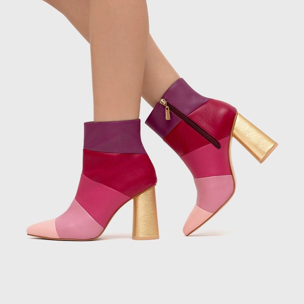 SAMPLE SALE - Sunset Bootie, Multicolor | Women's Zipped Ankle Boots | Leather Booties with Fuchsia Pink Tones | Size 40 eu / 9.5 us