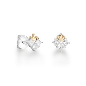 Crown Jewel Studs | Brilliant Princess Cut Diamond with Mini Gold Crown Stud Earrings | Diamond Crown Stud Earrings