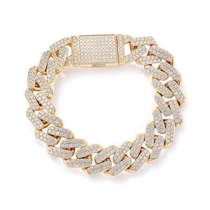 15mm Curbed Cuban Bracelet | Hip Hop Gold Cuban Chain Bracelet | Men&#39;s Cuban Link Bracelet | Pave Diamond Cuban link Bracelet