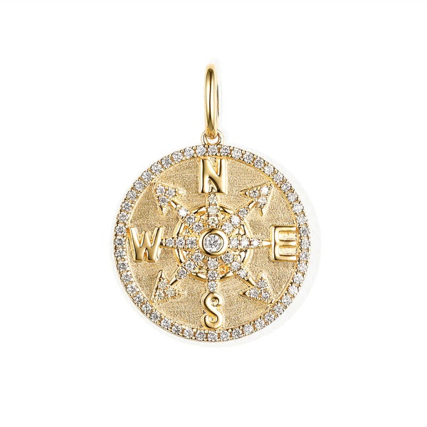 Navigator's Diamond Wayfinder | Diamond Compass and Traveler Charm | Travel Charm | Gold Compass Pendant | 14k Gold Celestial Pendant
