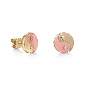 Yin Yang Gold und rosa Emaille Ohrstecker | Yin Yang Diamant Ohrstecker | Yin Yang Emaille Ohrstecker