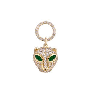 Pave Diamond Panther Charm Pendant with Marquise Emerald Eyes | 14k Gold Panther Pendant with Pave Diamonds | Diamond Panther Pendant