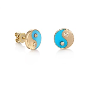 Yin Yang Gold und Blau Emaille Ohrstecker | Yin Yang Diamant Ohrstecker | Yin Yang Emaille Ohrstecker