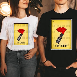 May include: A couple wearing matching t-shirts with a yellow and red graphic of a lipstick and the text "My Latina Heart" and "Los Labios".