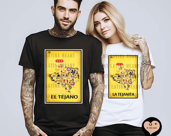 La Tejanita y EL Tejano Loteria  T-Shirt, All things Texas. It’s a must unique only here. For the   tejano lover. Makes a great gift.TEXAS