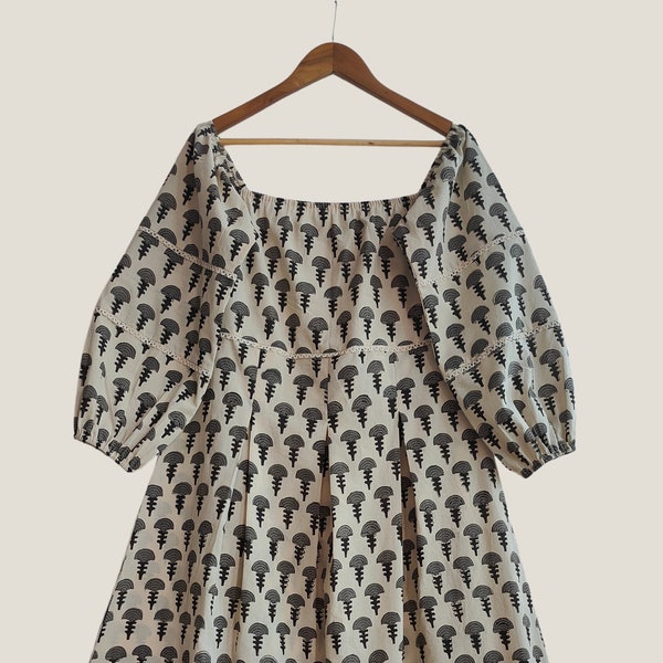 Vintage Grey-Black pure cotton Bagru hand block printed off-shoulder Maxi Dress | Full Sleeves highlighted with Schiffli border