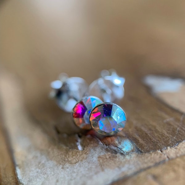 Gorgeous Iridescent Colourful Swarovski Crystal Summer Sparkle Fun Cute Day or Night Sterling Silver 4.5mm Stud Earrings