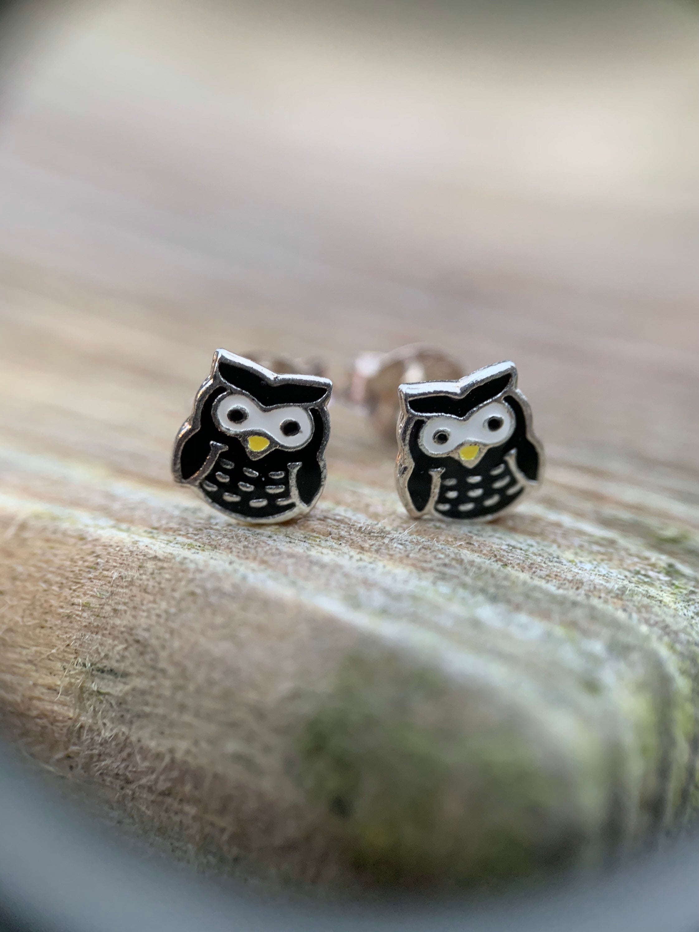 Cute Fun Black Wise Old Owl Sterling Silver Stud Earrings
