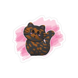 May include: A cartoon illustration of a brown and black tabby cat with pink cheeks and big eyes. The cat is sitting on a pink watercolor background.