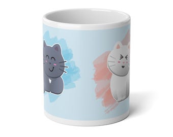 Cute Cat Jumbo Mug, 20oz Large Ceramic Coffee Cup, Kawaii Kitty Tea Cup, Aesthetic Kitchenware Decor, Gift for Cat Lovers - Light Blue 20oz