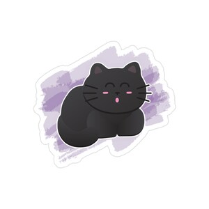 May include: A black cat with pink cheeks and a tongue sticking out, curled up on a purple watercolor background.