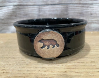 Handmade Ceramic Extra Small Ebony Pet Bowl with Bear Medallion