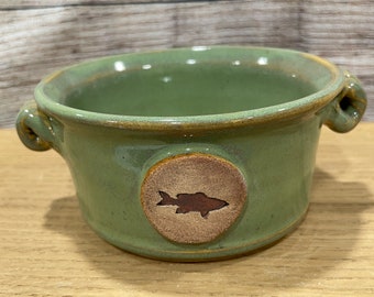 Handmade Ceramic Small Spearmint Pet Bowl with roped handles and fish medallion