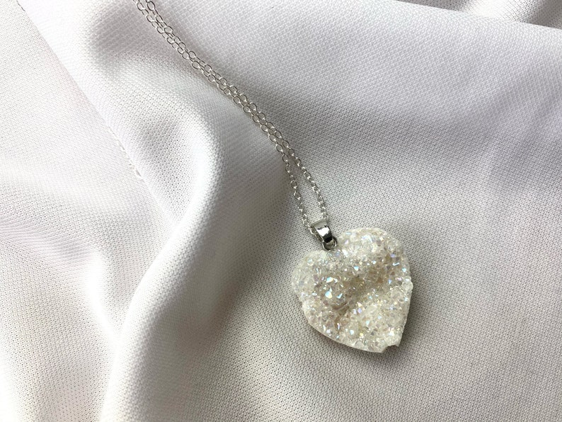 Angel Aura Heart Quartz Druze Crystal Necklace Druzy Necklace Cabochon Natural Gemstone Birthday Anniversary Gift FREE Delivery