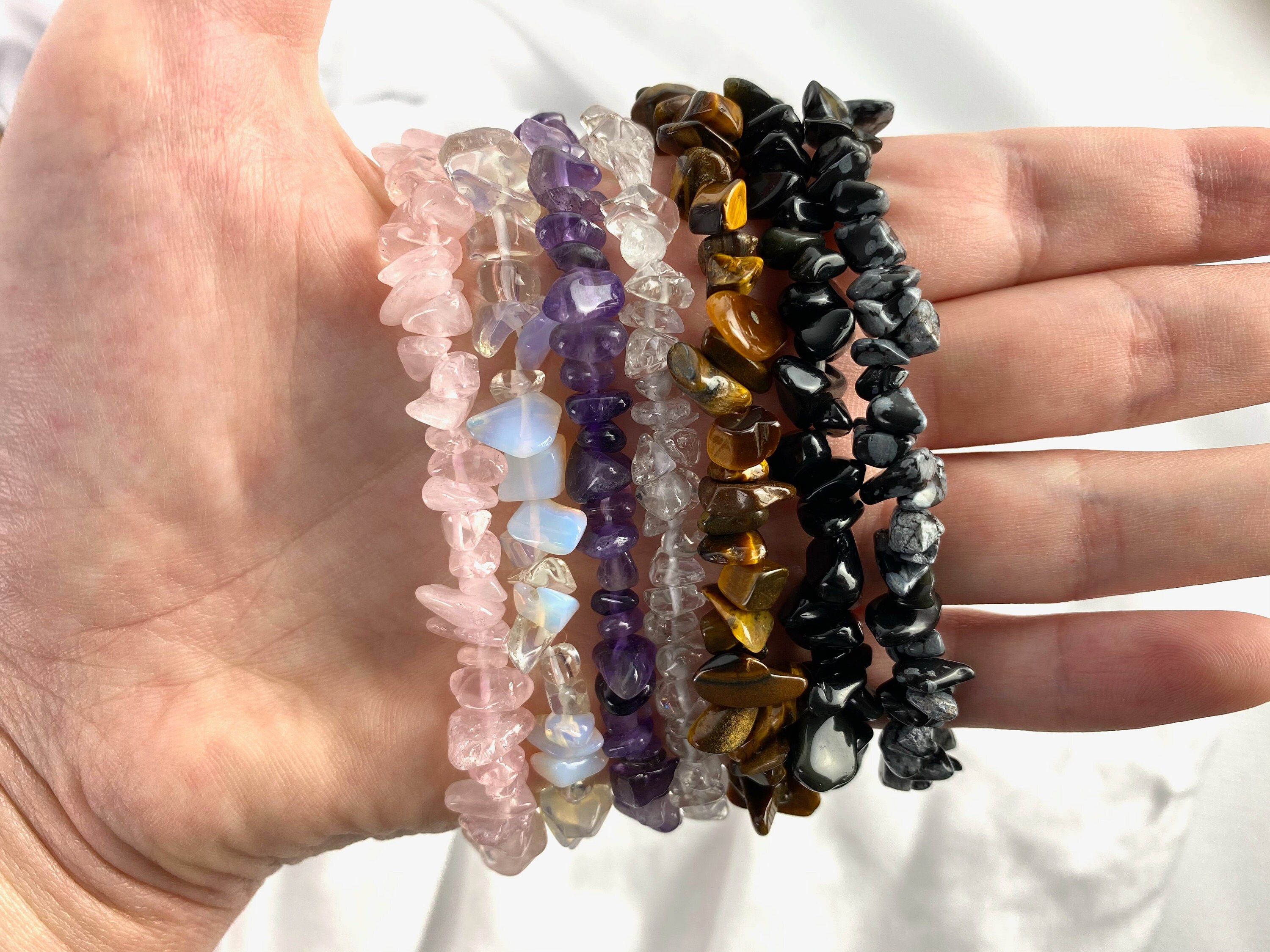 Gemstone Crystal Chip Bracelet - Amethyst Bracelet, Rose Quartz, Clea…