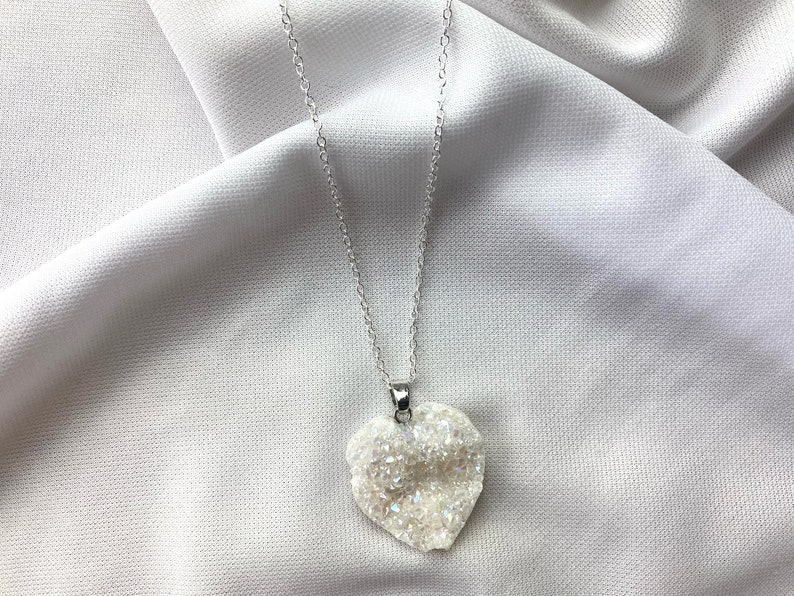 Angel Aura Heart Quartz Druze Crystal Necklace Druzy Necklace Cabochon Natural Gemstone Birthday Anniversary Gift FREE Delivery