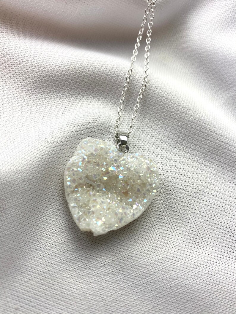 Angel Aura Heart Quartz Druze Crystal Necklace Druzy Necklace Cabochon Natural Gemstone Birthday Anniversary Gift FREE Delivery