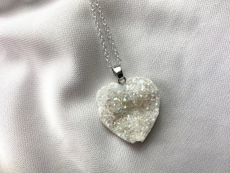 Angel Aura Heart Quartz Druze Crystal Necklace Druzy Necklace Cabochon Natural Gemstone Birthday Anniversary Gift FREE Delivery