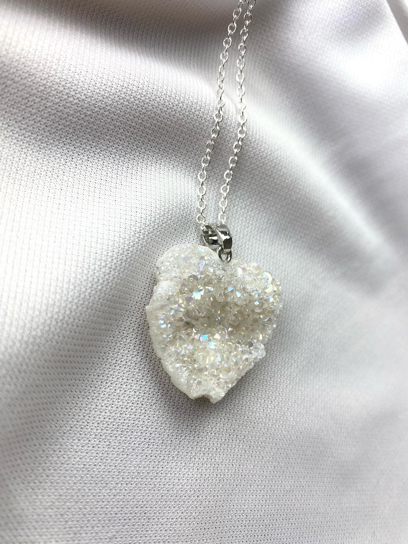 Angel Aura Heart Quartz Druze Crystal Necklace Druzy Necklace Cabochon Natural Gemstone Birthday Anniversary Gift FREE Delivery