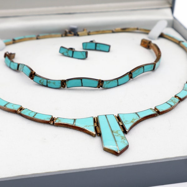 Vtg 1990s Smithsonian Institute Chilean Turquoise Couplets Jewelry Set of Necklace, Bracelet & Earrings - One Owner - Exc. Condition