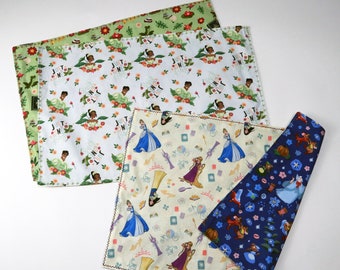 Handmade Reversible Disney Character Placemats for Kids: Tiana/Frog Prince & Cinderella - 100% Cotton, Lined, Machine Wash; Made in UT