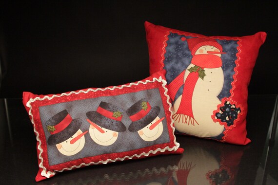 Handmade Snowman Pillows on Red Suede Pillows One Square and Etsy