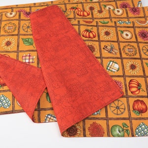 Set of 4 Reversible Fall Placemats Featuring a Grid of Fall Items & Red Reverse Sides (2 Varying Sets of 4 Available) - Lined - 100% Cotton