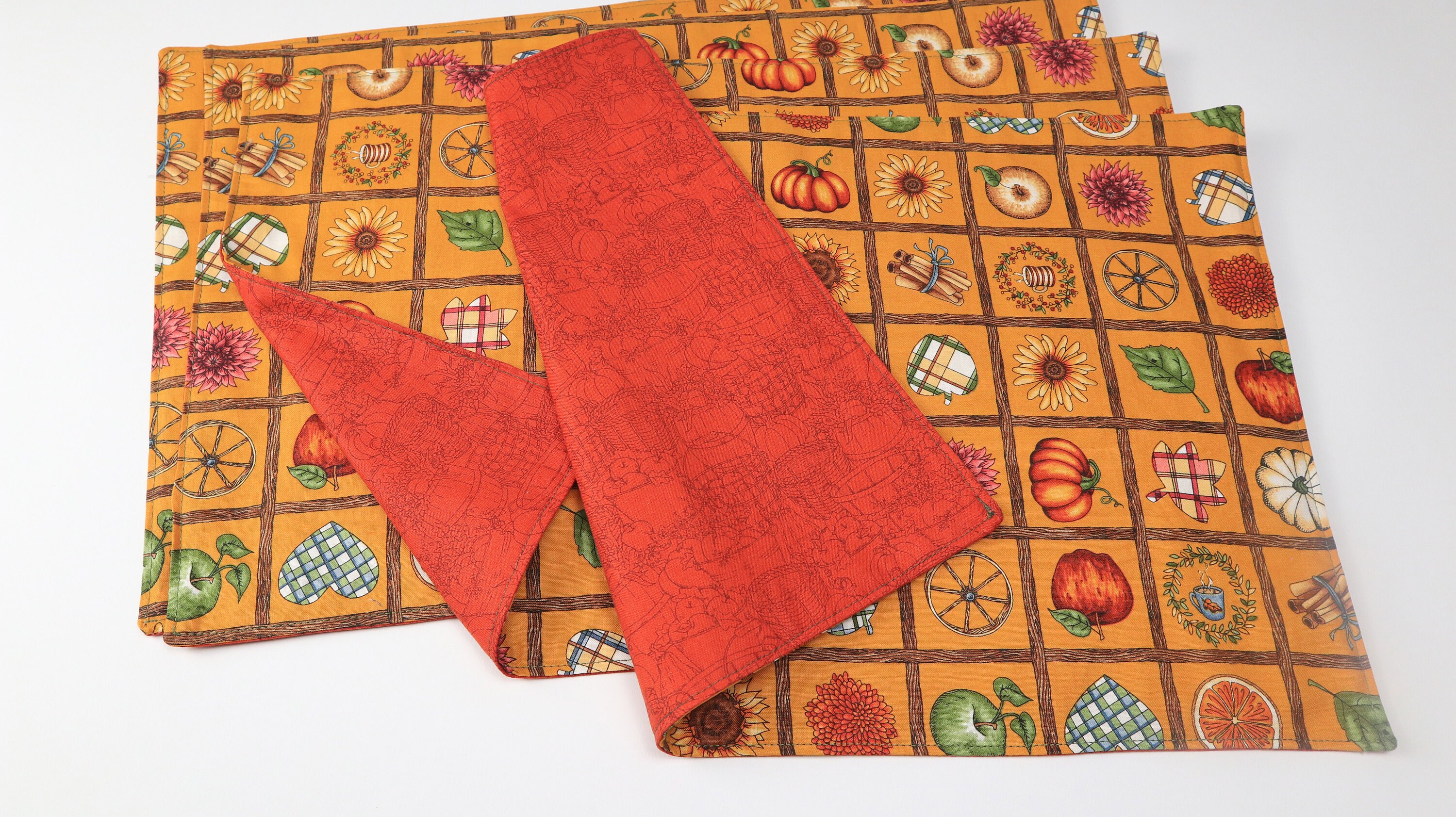 Set of 4 Reversible Fall Placemats Featuring a Grid of Fall Items & Red Reverse Sides (2 Varying Sets of 4 Available) - Lined - 100% Cotton